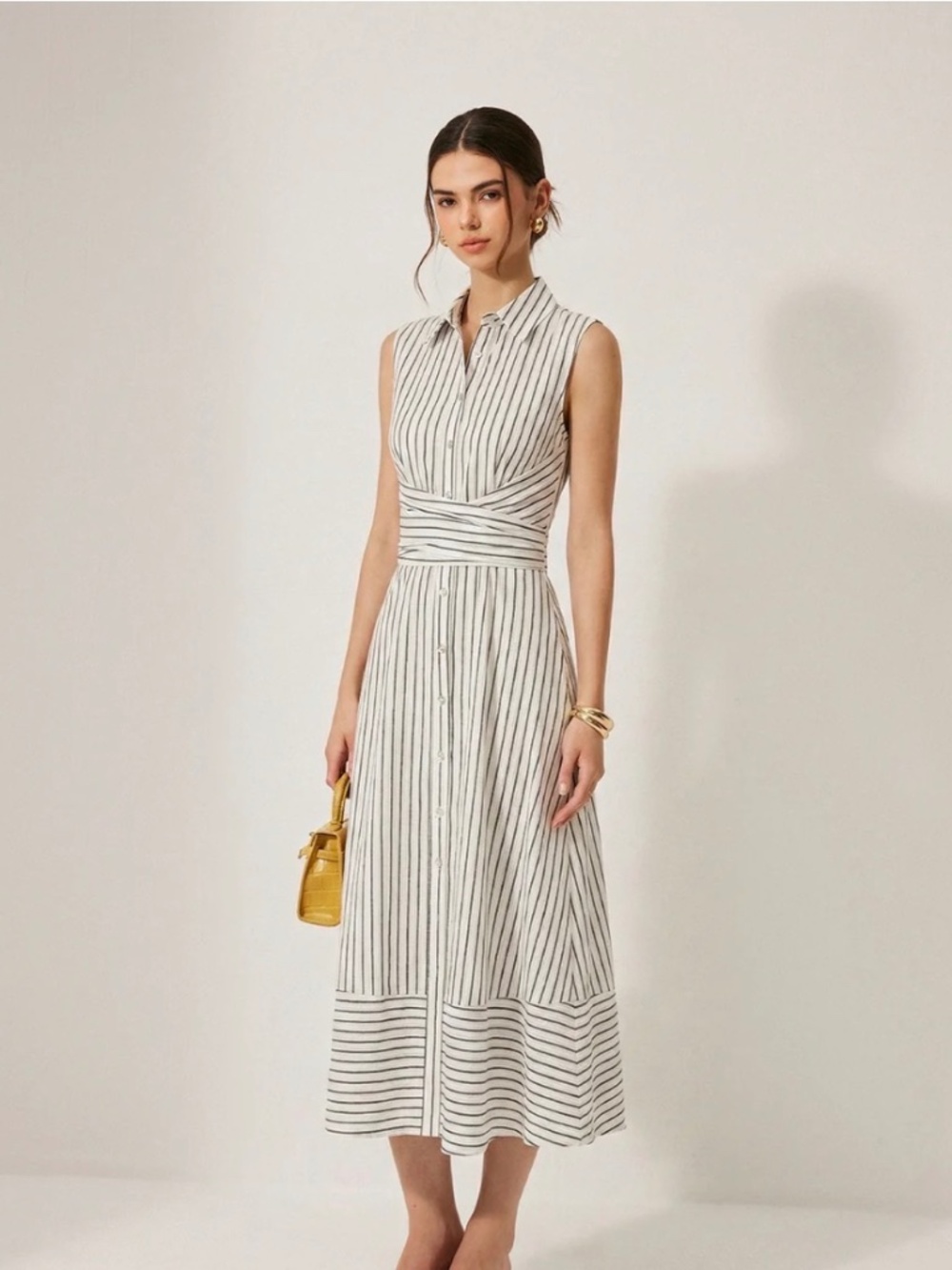 Striped Collared Sleeveless Tie Waist Midi Dress